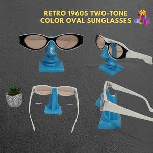 New Retro 1960s Two-Tone Color Oval Sunglasses Black and white, Light Brown lens